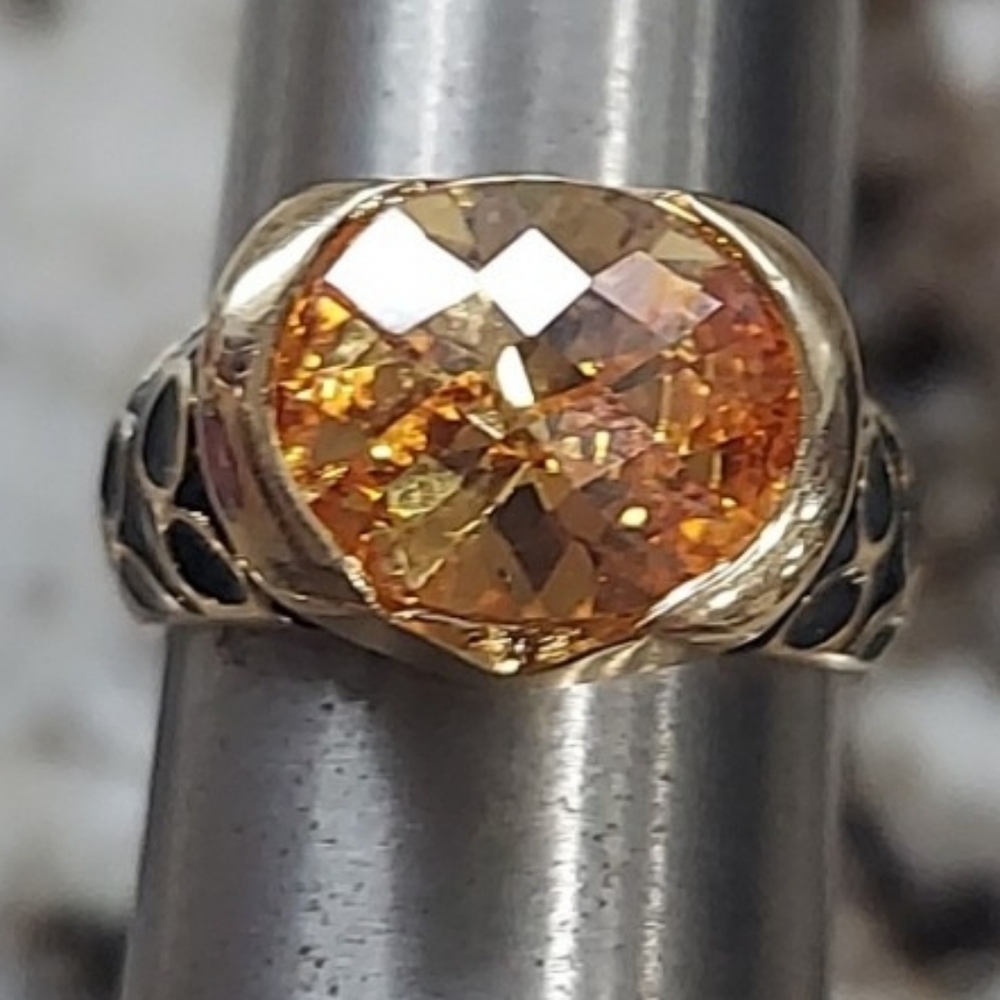 KJL kenneth j lane orange stone goldtone black enamel ring size 6